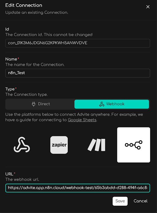 A create form for a webhook in Advite.